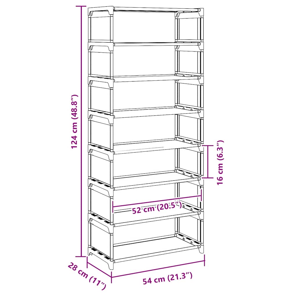 Shoe rack 8 levels grey 54x28x124 cm nonwoven fabric