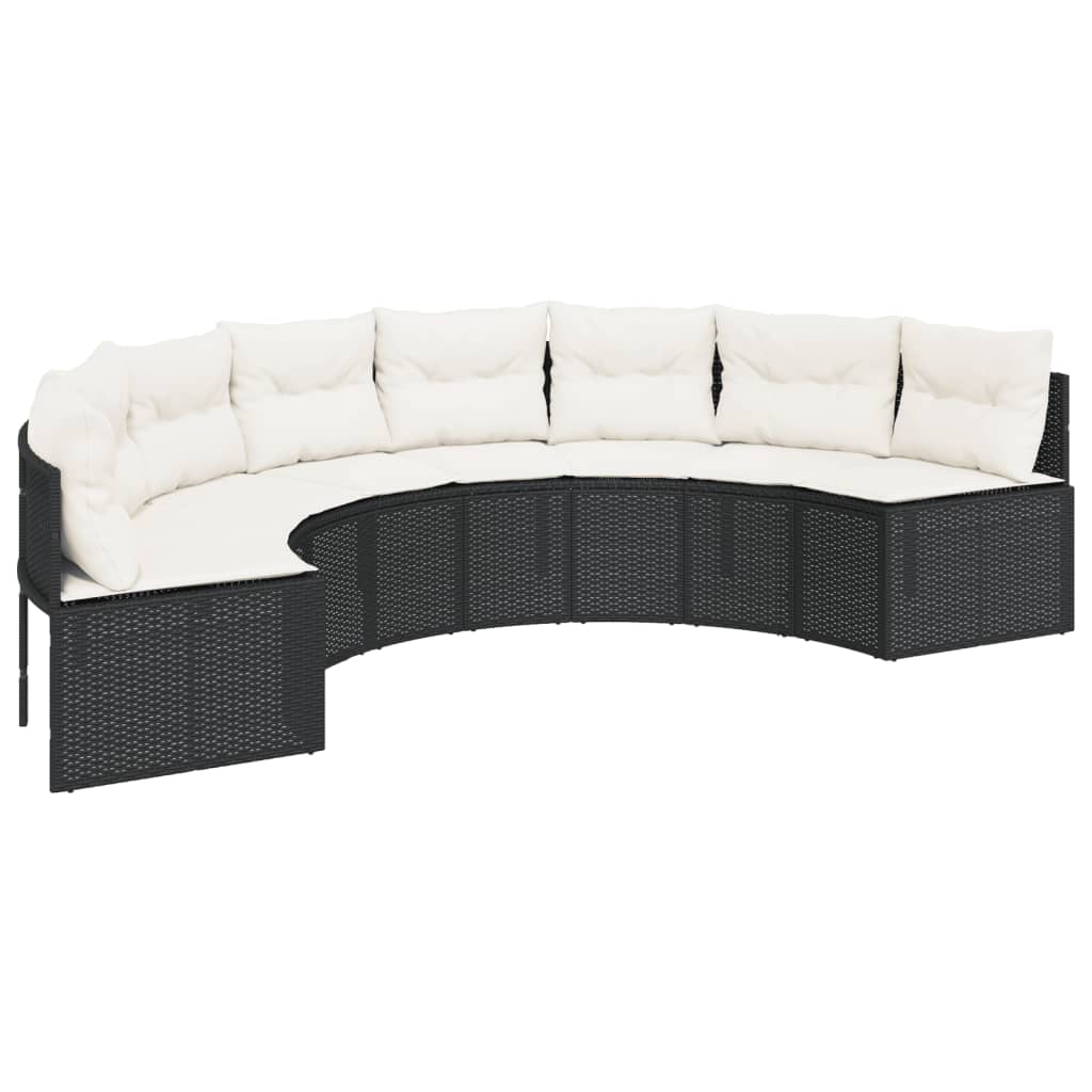 Gartensofa mit Tisch und Kissen Halbrund Schwarz Poly-Rattan