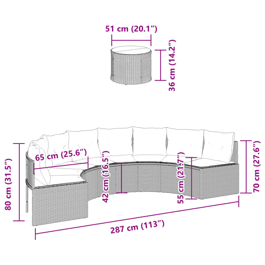 Gartensofa mit Tisch und Kissen Halbrund Grau Poly Rattan