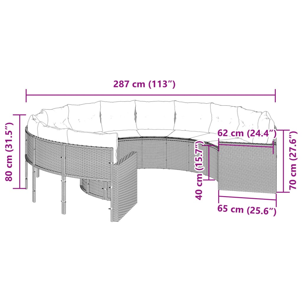 Gartensofa mit Kissen Rund Schwarz Poly-Rattan