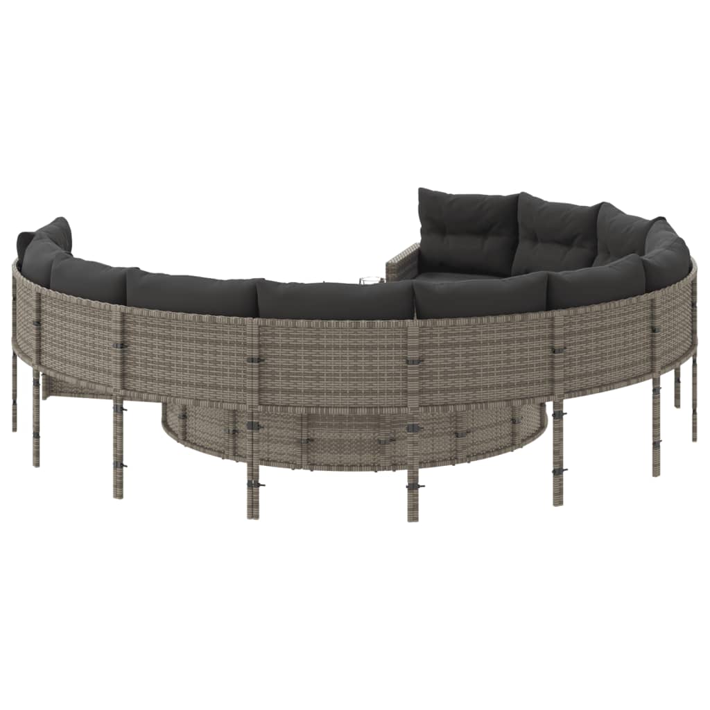 Gartensofa mit Kissen Rund Grau Poly Rattan