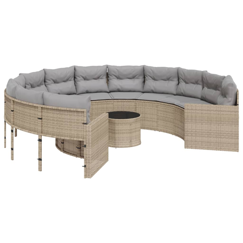 Gartensofa mit Tisch und Kissen Rund Beige Poly-Rattan