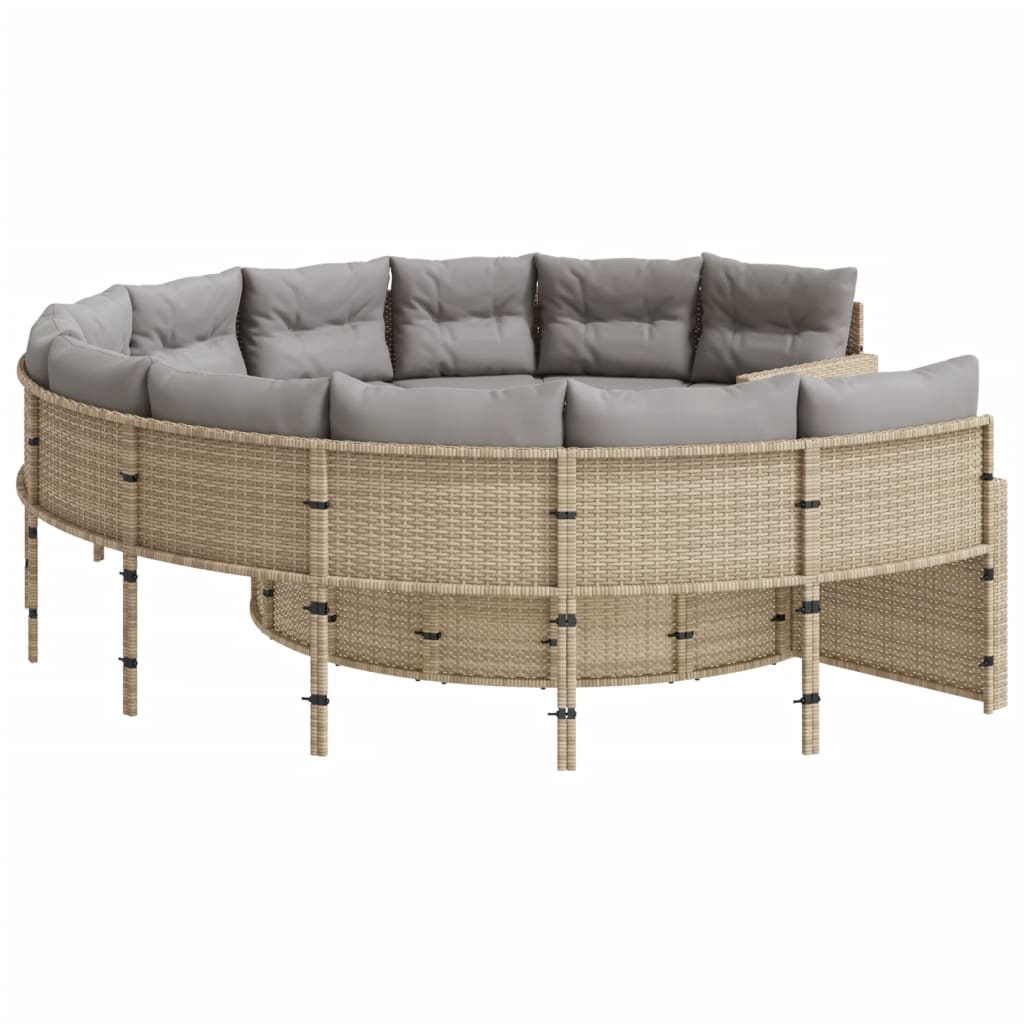 Gartensofa mit Tisch und Kissen Rund Beige Poly-Rattan