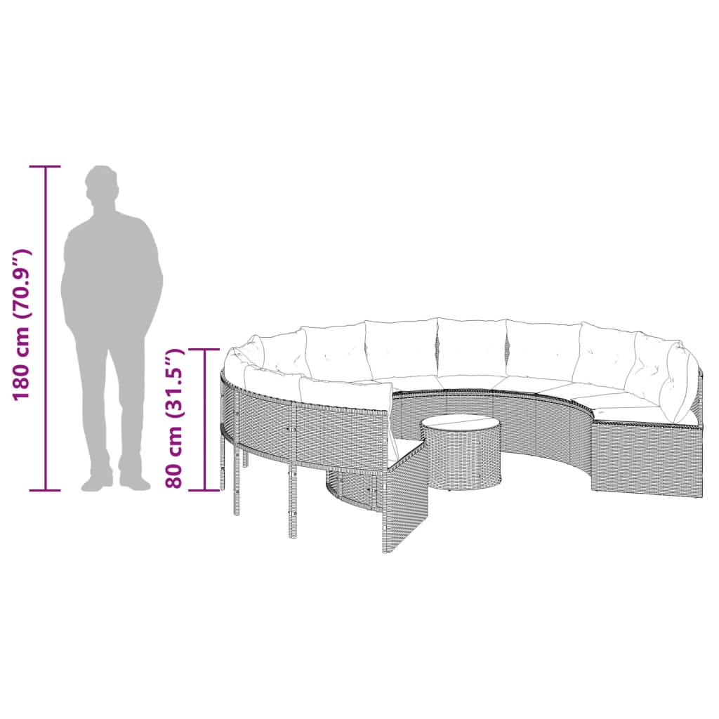Gartensofa mit Tisch und Kissen Rund Schwarz Poly-Rattan