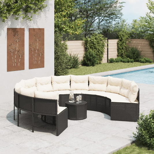 Gartensofa mit Tisch und Kissen Rund Schwarz Poly-Rattan