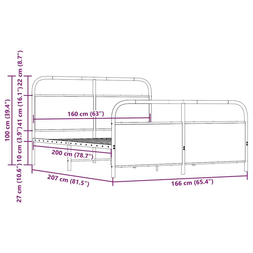 Metallbett ohne Matratze Braun Eichen-Optik 160x200 cm