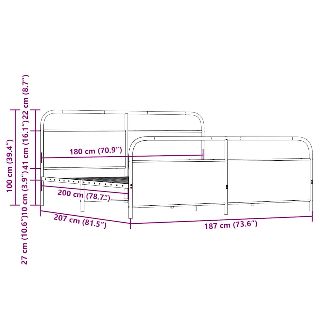 Metallbett ohne Matratze Braun Eichen-Optik 180x200 cm