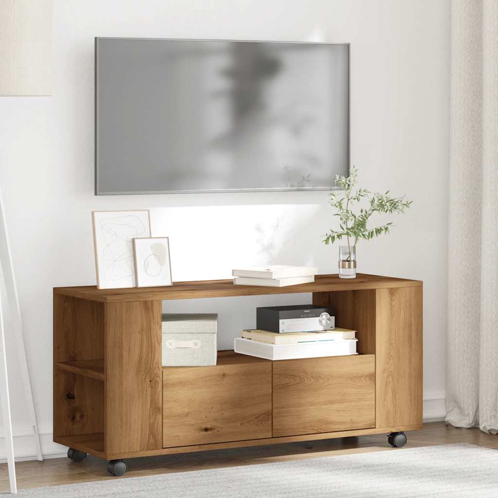 Meuble TV à roulettes Chêne artisanal 102x34,5x43cm matériau bois
