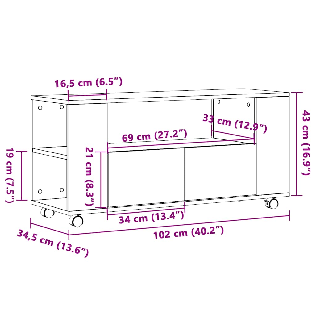 Meuble TV à roulettes Chêne artisanal 102x34,5x43cm matériau bois