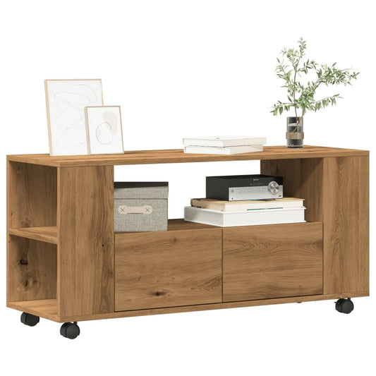 Meuble TV à roulettes Chêne artisanal 102x34,5x43cm matériau bois
