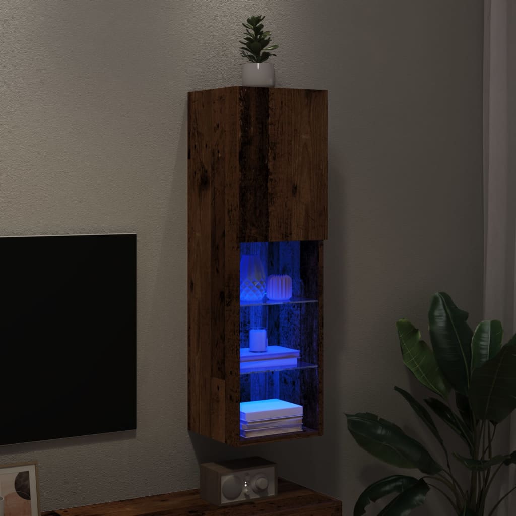 Meuble TV avec lumières LED aspect bois vieilli 30,5x30x102 cm
