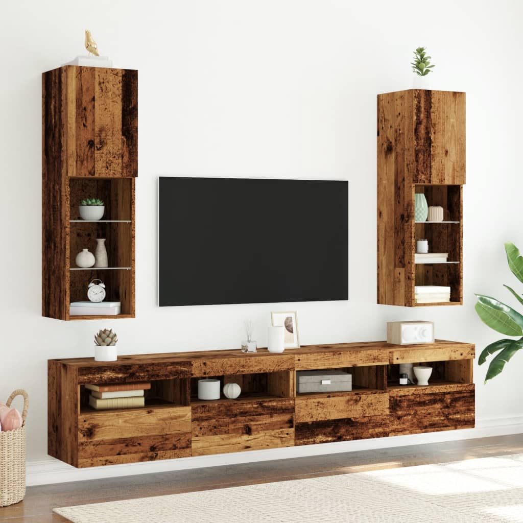 Meubles TV avec lumières LED 2 pièces. Aspect bois de récupération 30,5x30x102cm.