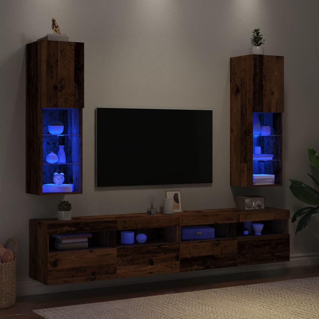 Meubles TV avec lumières LED 2 pièces. Aspect bois de récupération 30,5x30x102cm.