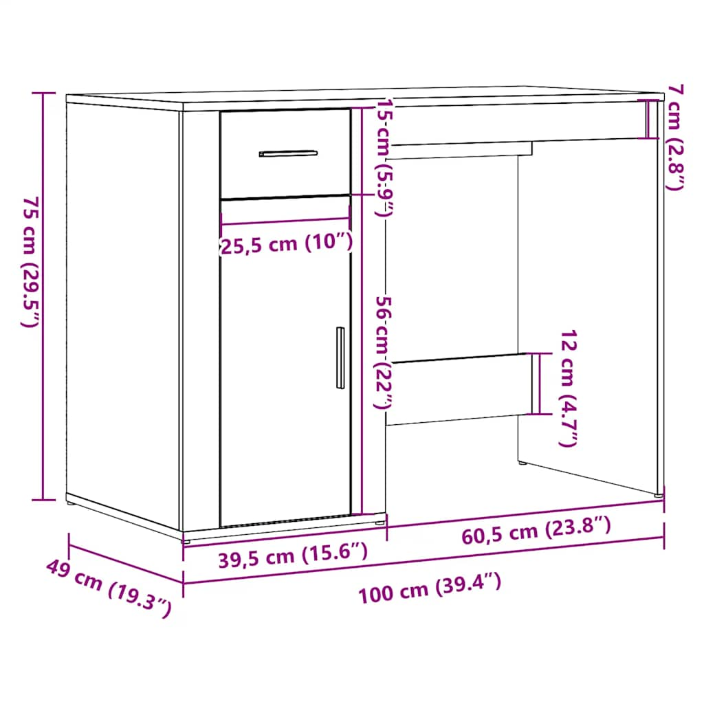 Bureau artisanal en chêne 100x49x75 cm matériau bois