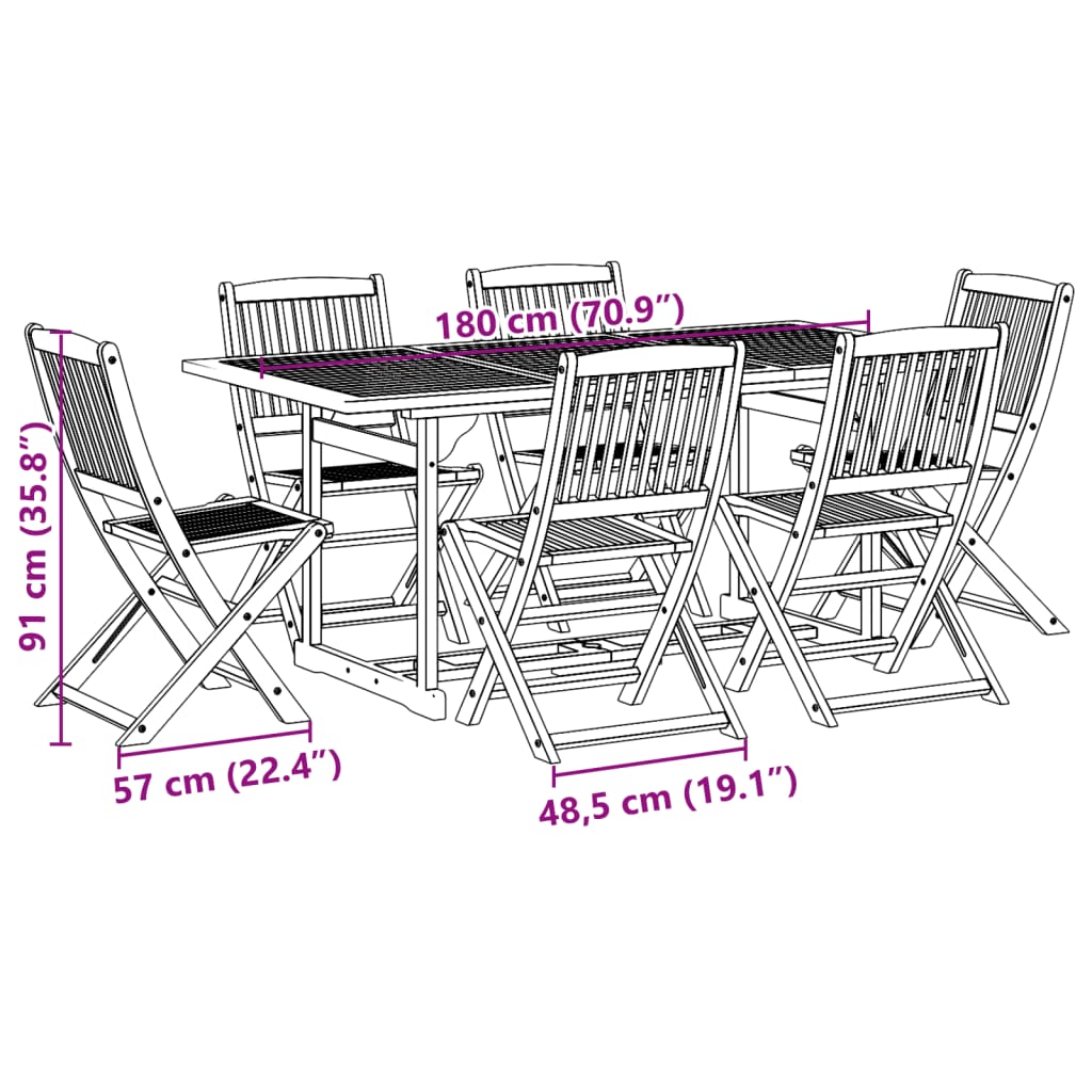 7-tlg. Garten-Essgruppe 180x90x75 cm Massivholz Akazie