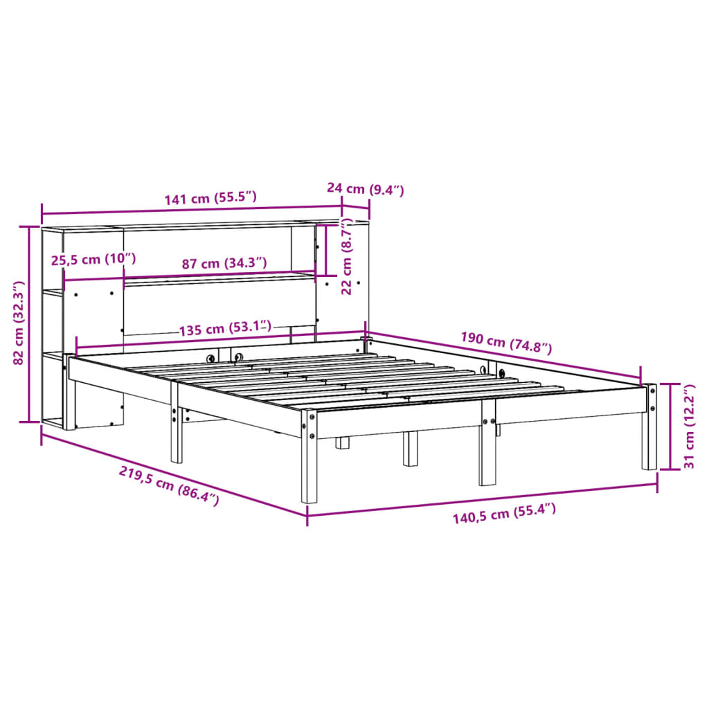 Massivholzbett mit Regal ohne Matratze 135x190 cm Kiefernholz