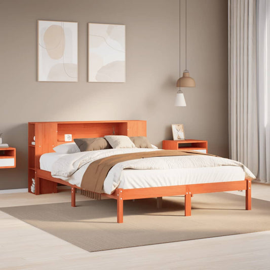 Lit en bois massif avec étagère sans matelas, couleur marron ciré, 135x190 cm