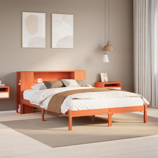 Lit en bois massif avec étagère sans matelas, marron ciré, 140x190 cm