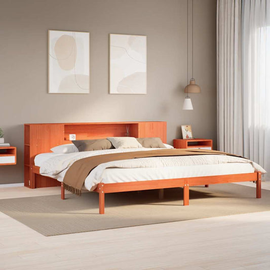 Lit en bois massif avec étagère sans matelas, couleur marron ciré, 200x200 cm