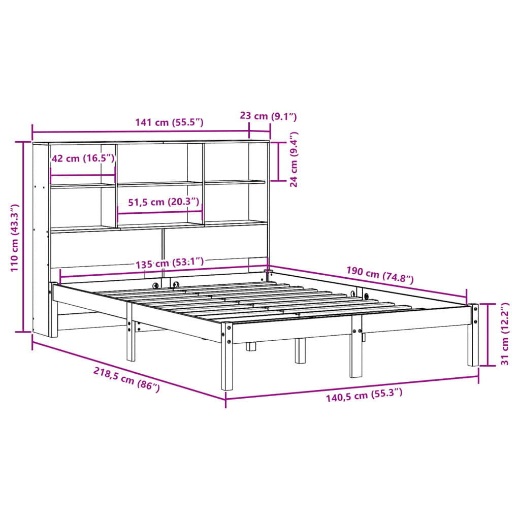 Massivholzbett mit Regal ohne Matratze Wachsbraun 135x190 cm