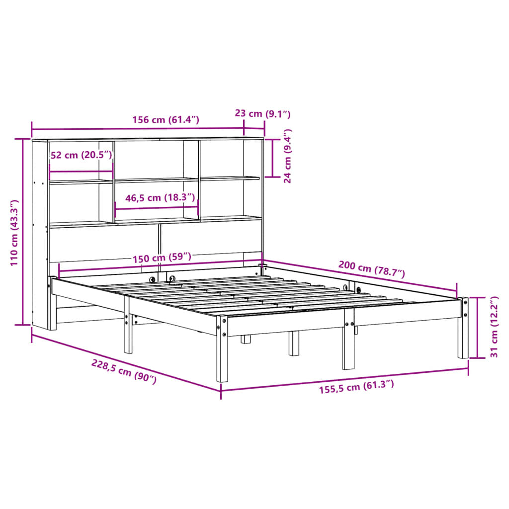 Massivholzbett mit Regal ohne Matratze Wachsbraun 150x200 cm