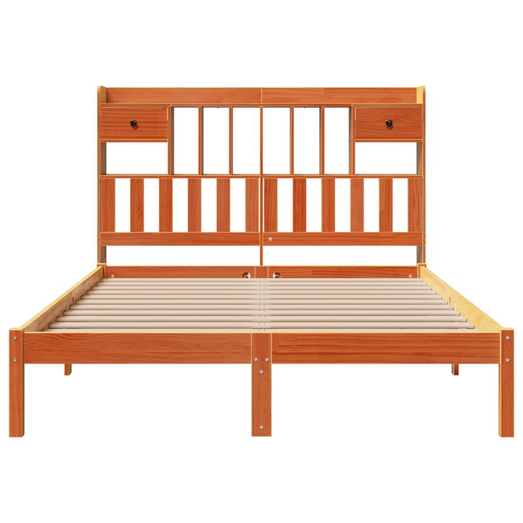 Solid wood bed with shelf without mattress, wax brown, 140x190 cm