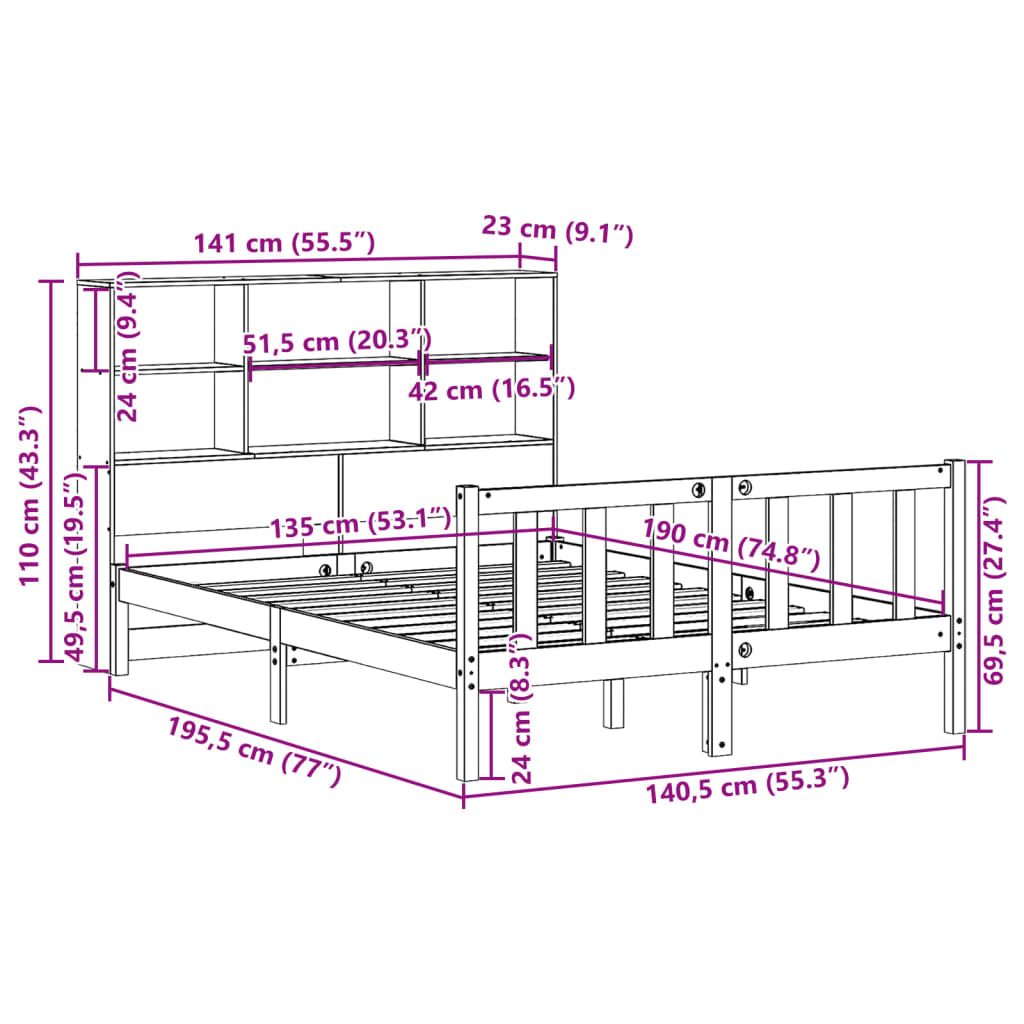 Massivholzbett mit Regal ohne Matratze Wachsbraun 135x190 cm