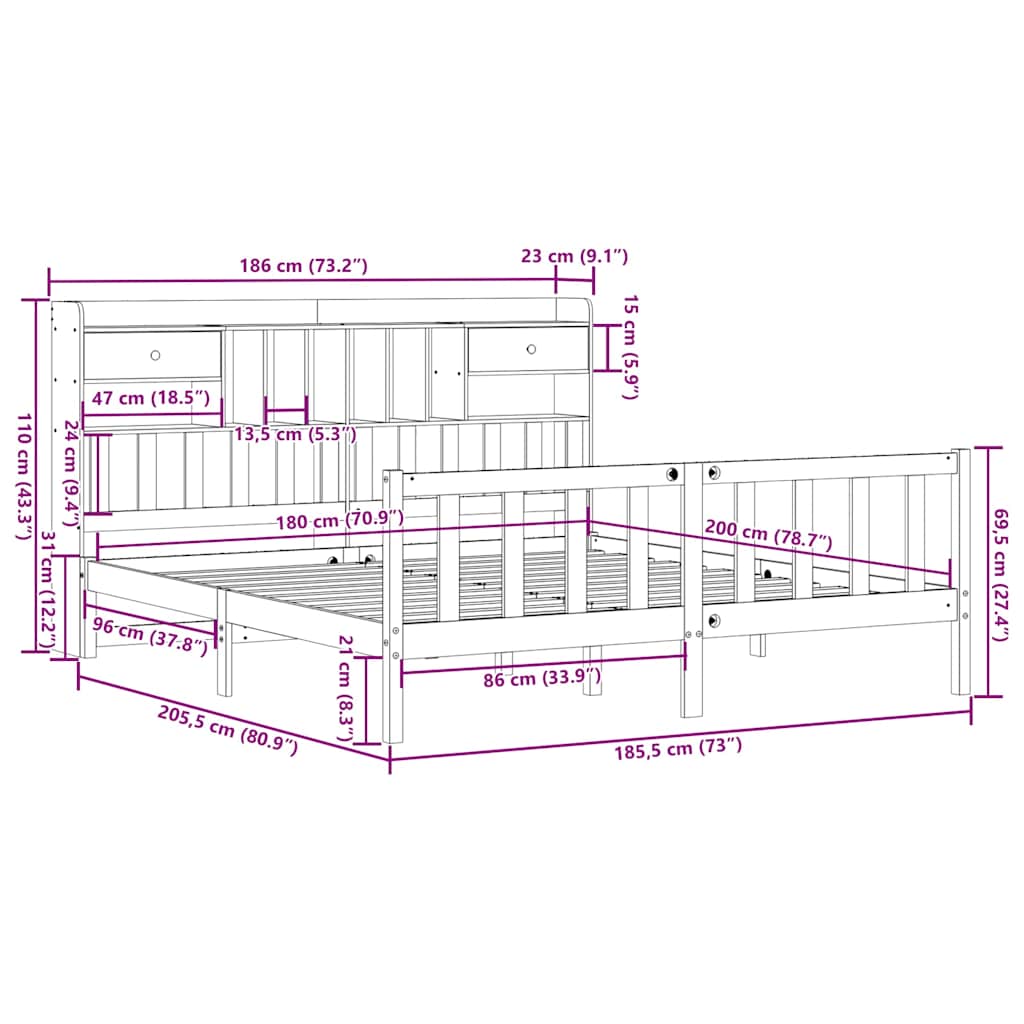 Massivholzbett mit Regal ohne Matratze 180x200 cm Kiefernholz