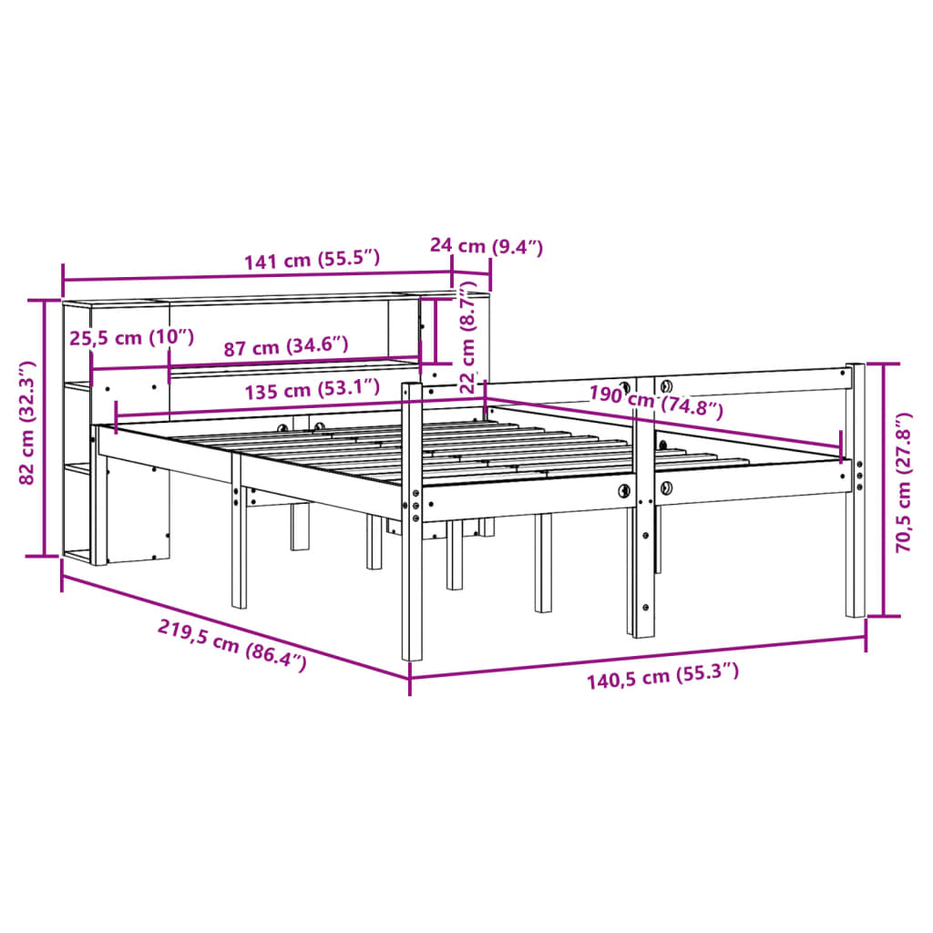 Massivholzbett mit Regal ohne Matratze 135x190 cm Kiefernholz