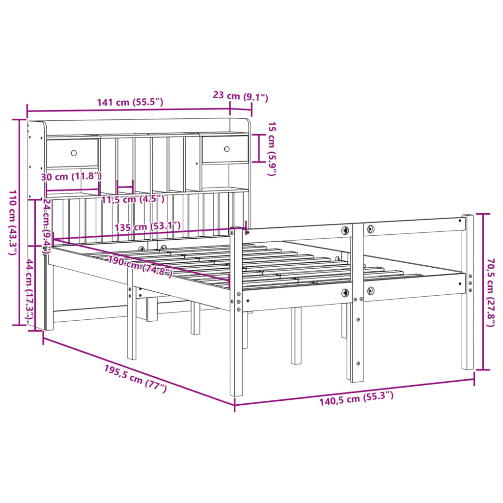 Massivholzbett mit Regal ohne Matratze 135x190 cm Kiefernholz