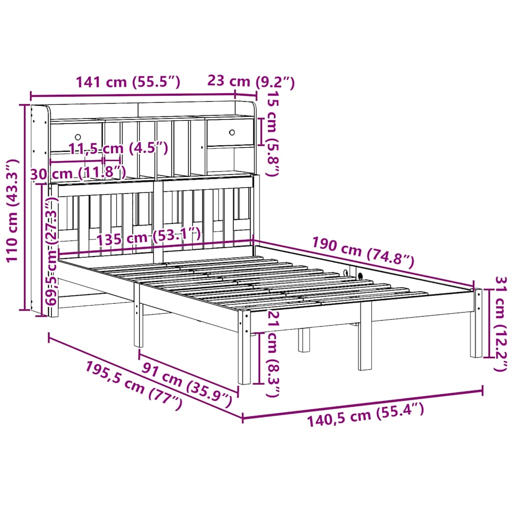 Massivholzbett mit Regal ohne Matratze 135x190 cm Kiefer