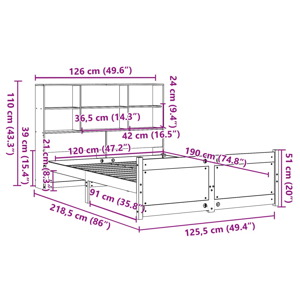 Massivholzbett mit Regal ohne Matratze 120x190 cm Kiefer