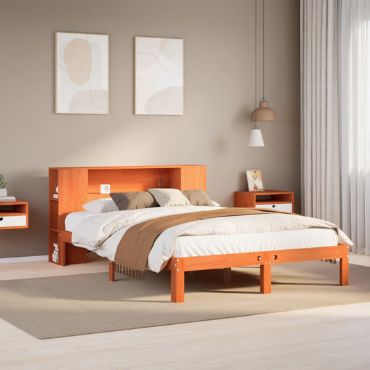 Lit en bois massif avec étagère sans matelas, marron ciré, 140x200 cm