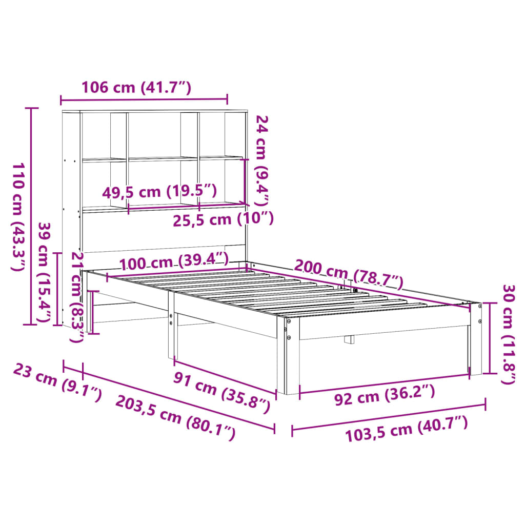 Lit en bois massif avec étagère sans matelas ciré marron 100x200 cm