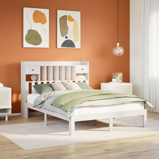 Lit en bois massif avec étagère sans matelas blanc 140x190 cm pin