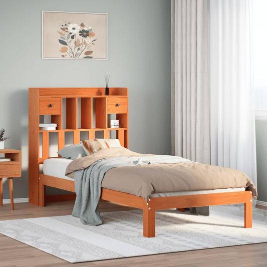 Lit en bois massif avec étagère sans matelas ciré marron 75x190 cm