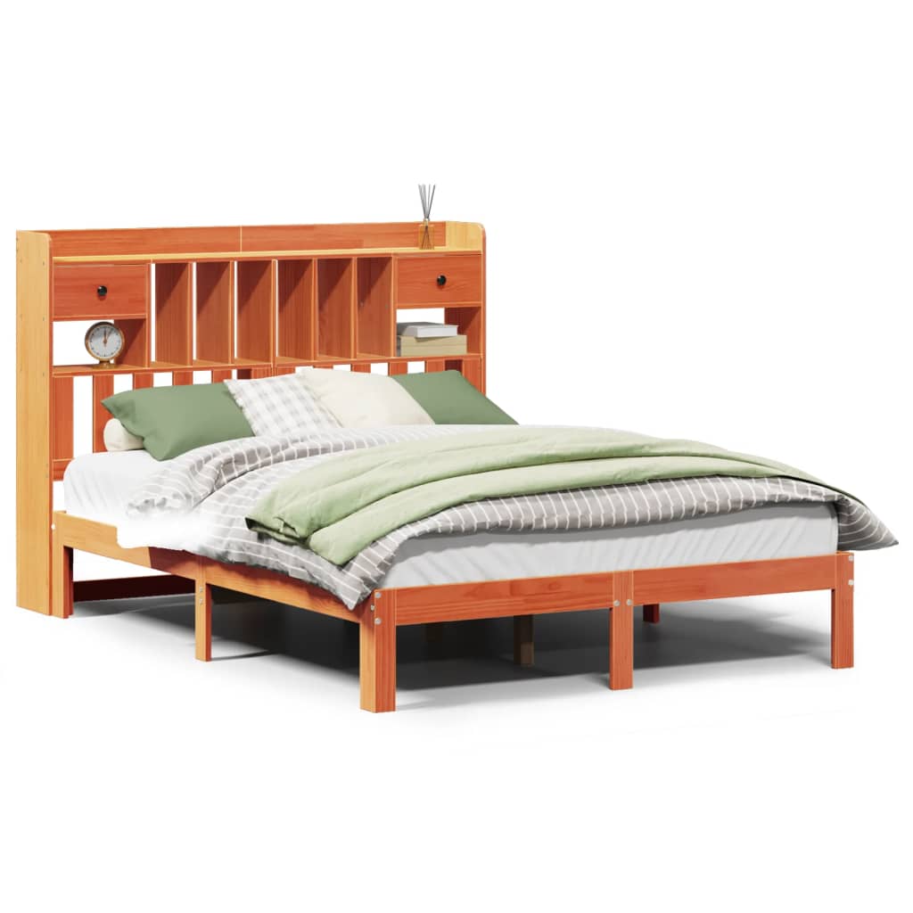 Solid wood bed with shelf without mattress, wax brown, 140x190 cm