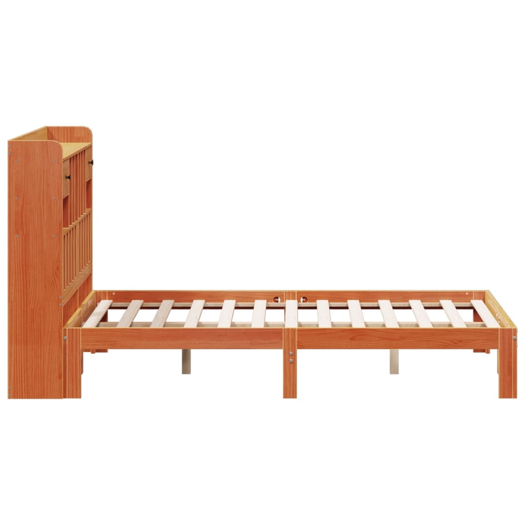 Solid wood bed with shelf without mattress, wax brown, 140x190 cm