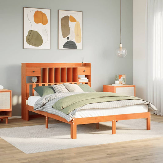 Solid wood bed with shelf without mattress, wax brown, 140x190 cm