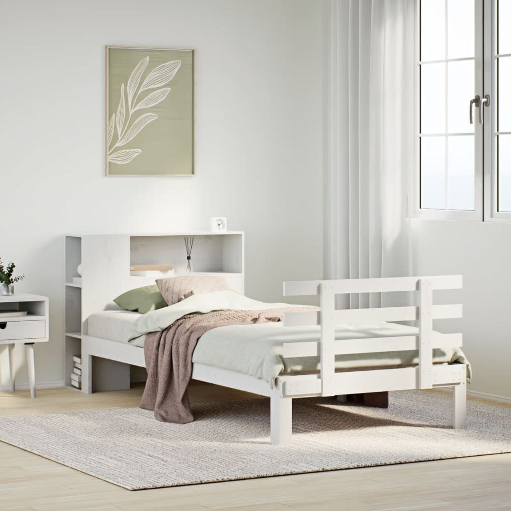 Massivholzbett mit Regal ohne Matratze Weiß 75x190 cm Kiefer