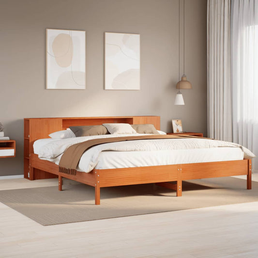 Lit en bois massif avec étagère sans matelas, couleur marron ciré, 200x200 cm