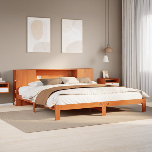 Lit en bois massif avec étagère sans matelas, marron ciré, 180x200 cm