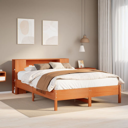 Lit en bois massif avec étagère sans matelas, marron ciré, 150x200 cm