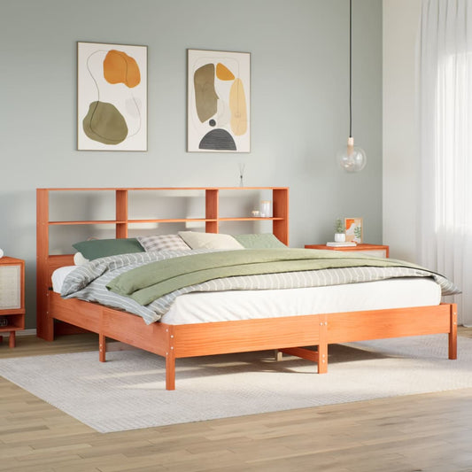 Lit en bois massif avec étagère sans matelas, couleur marron ciré, 200x200 cm