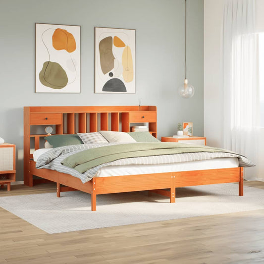 Lit en bois massif avec étagère sans matelas, couleur marron ciré, 200x200 cm