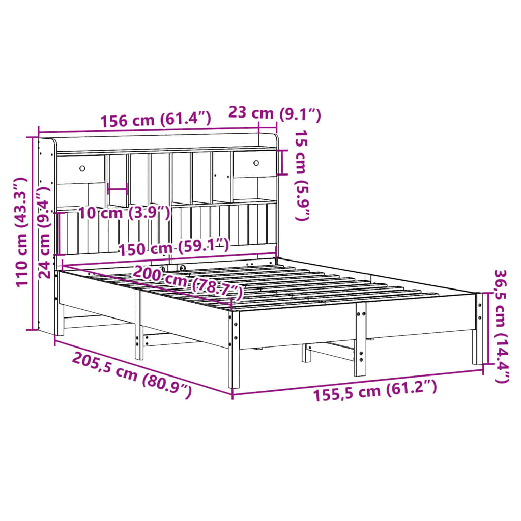 Lit en bois massif avec étagère sans matelas blanc 150x200 cm pin