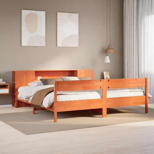 Lit en bois massif avec étagère sans matelas, couleur marron ciré, 200x200 cm