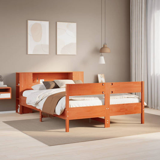 Lit en bois massif avec étagère sans matelas, marron ciré, 160x200 cm