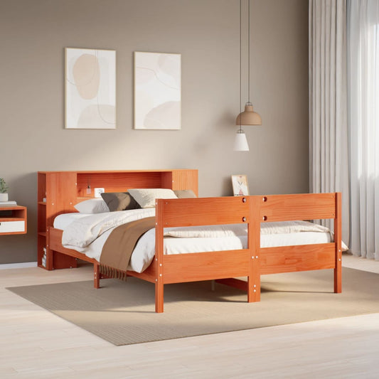 Lit en bois massif avec étagère sans matelas, marron ciré, 150x200 cm