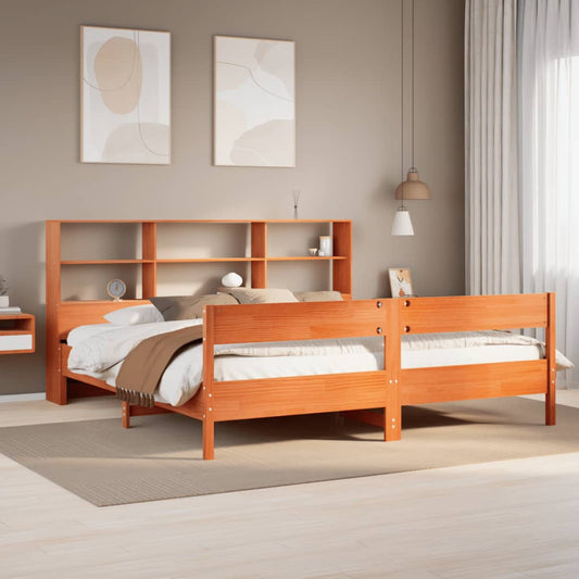 Lit en bois massif avec étagère sans matelas, couleur marron ciré, 200x200 cm